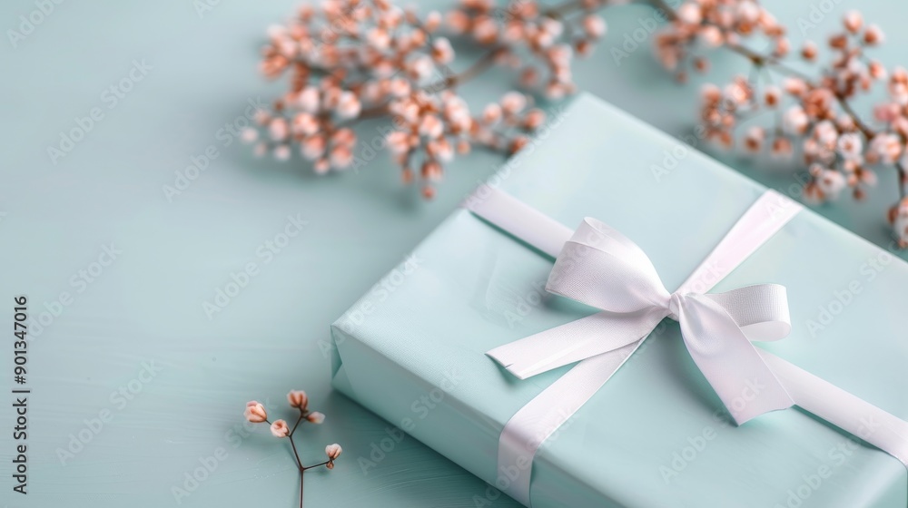 A beautifully wrapped gift box with a white ribbon, surrounded by delicate pink flowers, ideal for celebrations and special occasions. A beautifully wrapped gift box with a white ribbon, surrounded by delicate pink flowers, ideal for celebrations and special occasions.