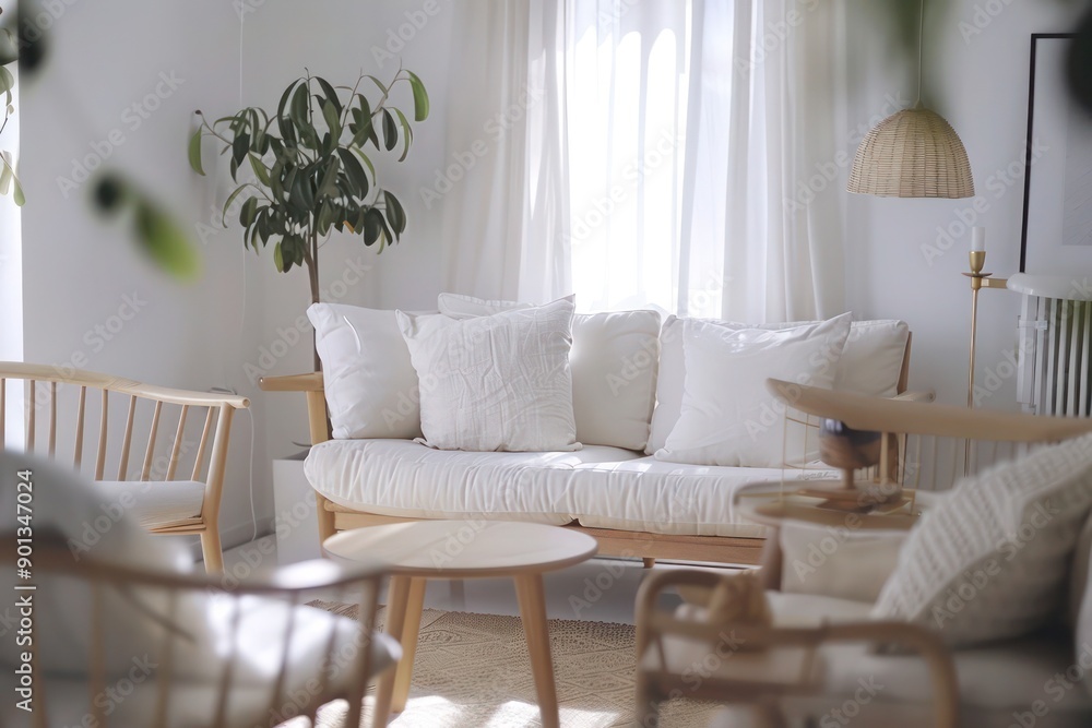 Modern Scandinavian Living Room Interior with White Sofa and Armchairs - Home Design Concept Modern Scandinavian Living Room Interior with White Sofa and Armchairs - Home Design Concept