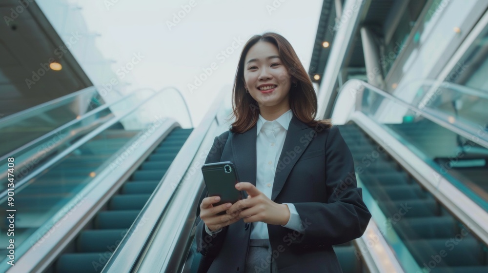 A woman in a business suit is smiling and holding a cell phone A woman in a business suit is smiling and holding a cell phone