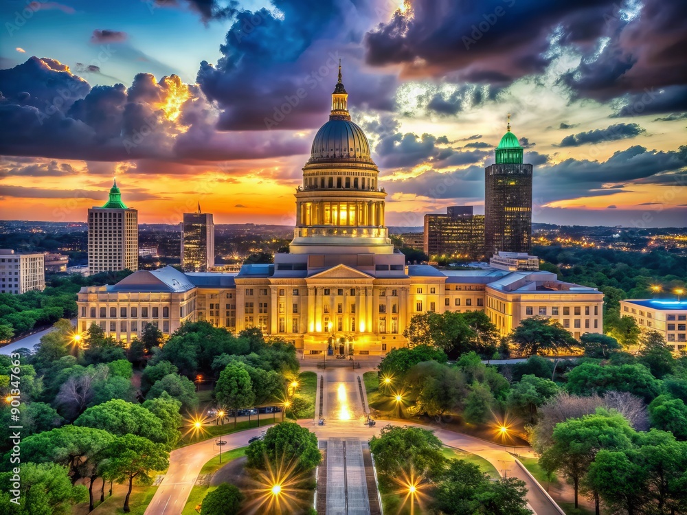 Fototapeta premium Illuminated Texas State Capitol building stands tall against a vibrant night sky with sprawling city lights and lush greenery surrounding its majestic dome.