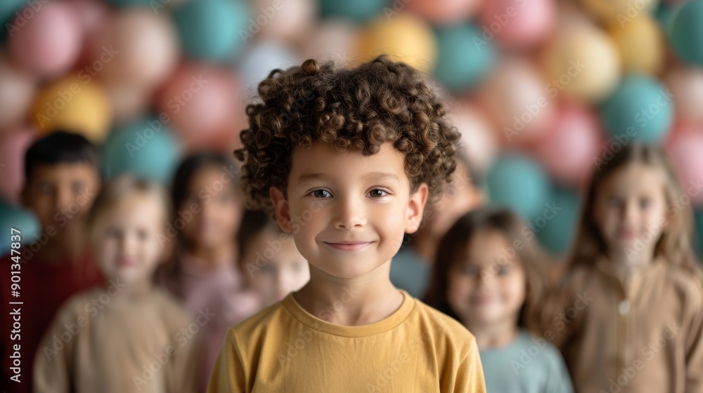 A cheerful child stands in front of colorful balloons, surrounded by smiling friends, embodying friendship and joy in a playful setting. A cheerful child stands in front of colorful balloons, surrounded by smiling friends, embodying friendship and joy in a playful setting.