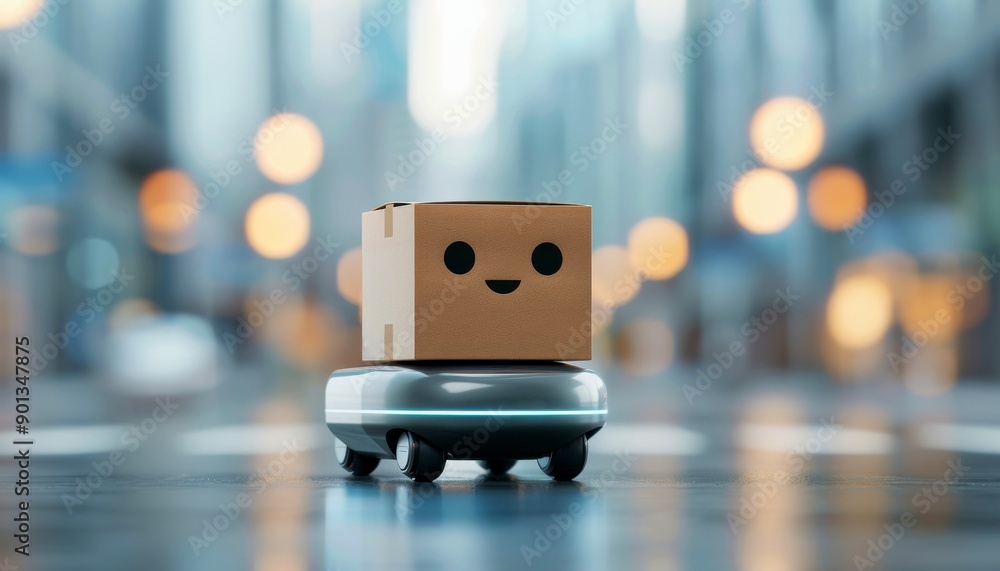 Obraz premium A cheerful delivery box on a small robot, symbolizing modern logistics and technology in an urban setting.