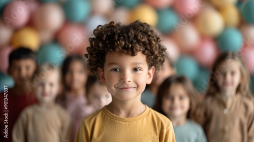 A cheerful child stands in front of colorful balloons, surrounded by smiling friends, embodying friendship and joy in a playful setting.