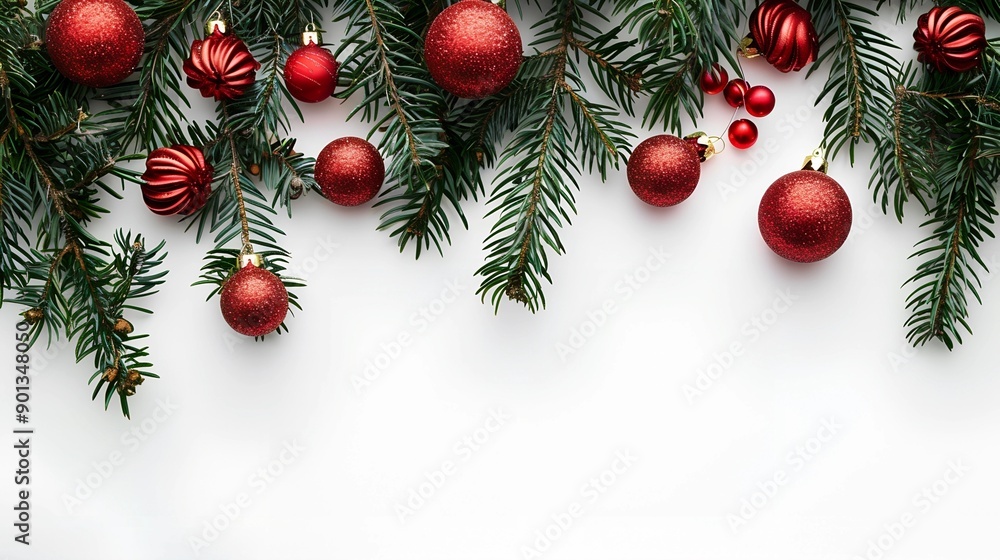 Christmas tree branches decorated with Christmas toys on white background with space for text Christmas tree branches decorated with Christmas toys on white background with space for text