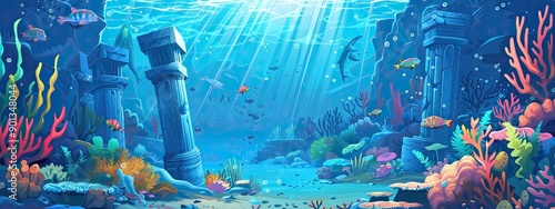 underwater landscape of a flooded ancient city. Ruins of ancient buildings under water.