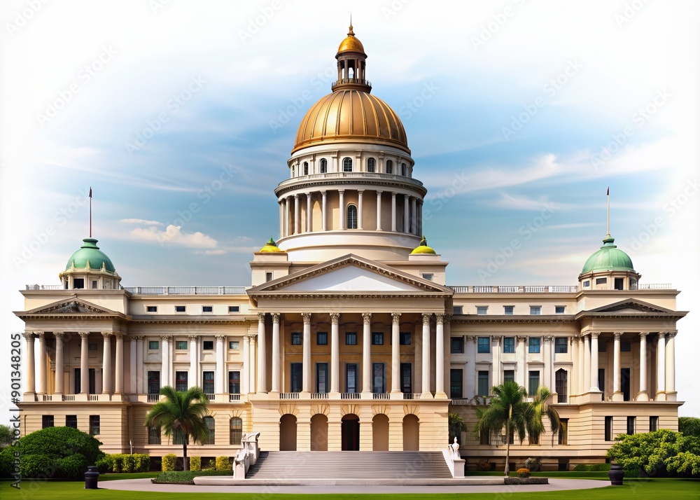 Obraz premium Majestic government building with towering domes and columns stands proudly alone on a pure white background, symbolizing national identity and power.