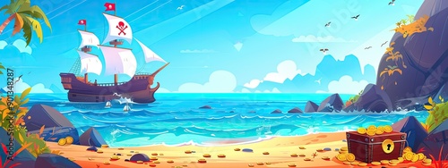 The landscape of the sea coast to which a pirate ship sails. There is a treasure chest and coins on the shore. Cartoon illustration.