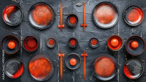 Black background, orange plates and bowls