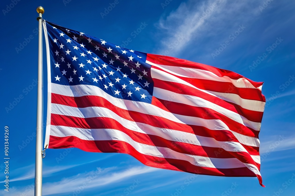 Vibrant red, white, and blue American flag with fifty white stars on a blue canton, waving gently in the breeze against a clear sky. Vibrant red, white, and blue American flag with fifty white stars on a blue canton, waving gently in the breeze against a clear sky.