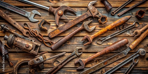 Rusted wrenches, hammers, and pliers scattered over weathered wooden planks evoke a sense of hard work and dedication on Labor Day, celebrating industrial heroes.