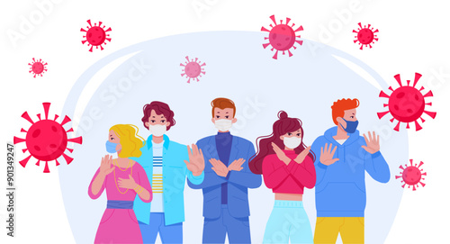 People denial infection. Man and woman in mask negative no gesturing, safety virus prevention protection disease pollution control influenza stop concept vector illustration