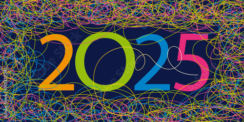 Carte de vœux 2025 pour un événement artistique, avec un graphisme original fait de traits colorés sur un fond noir.