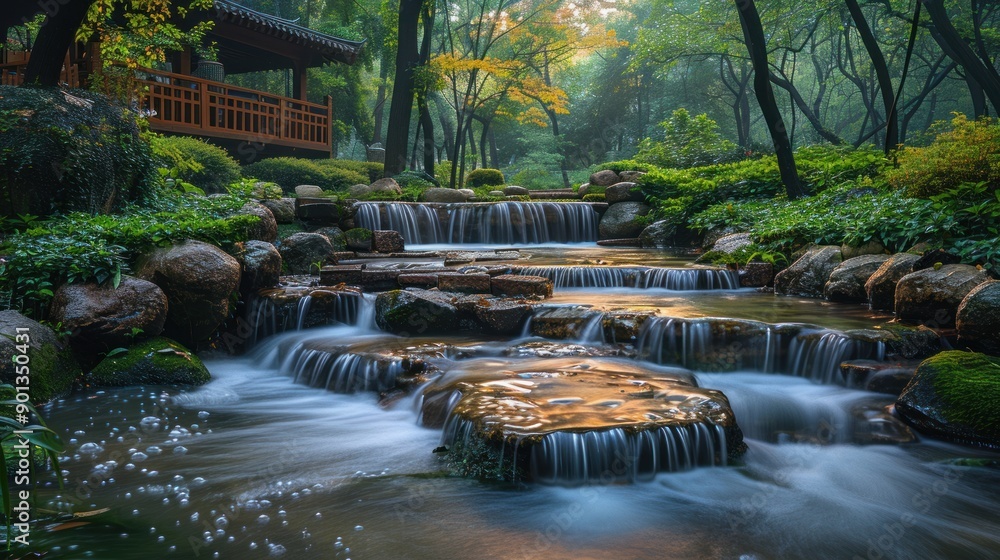 Naklejka premium Tranquil Waterfall in a Serene Garden