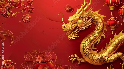 Chinese golden dragon with lotus flowers and lanterns. Chinese New Year concept. red background