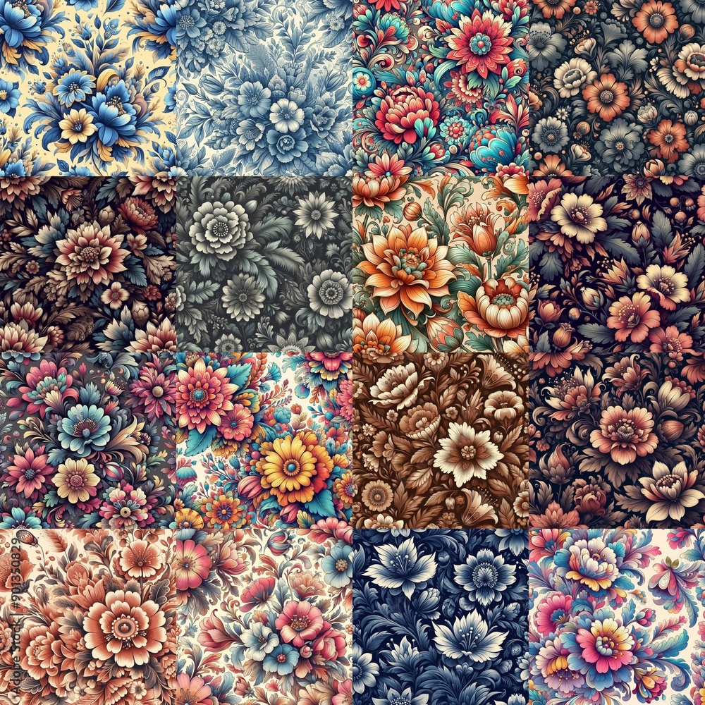 Petrykivka style flowers drawings. AI generated illustration Petrykivka style flowers drawings. AI generated illustration