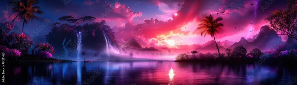 Fantasy landscape with floating islands, waterfalls, and mythical creatures, Surreal, Vivid hues, Digital art Fantasy landscape with floating islands, waterfalls, and mythical creatures, Surreal, Vivid hues, Digital art