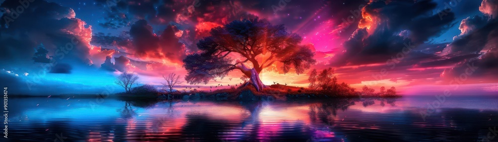 Fantasy landscape with floating islands and magical creatures, Surreal, Vivid hues, Digital art Fantasy landscape with floating islands and magical creatures, Surreal, Vivid hues, Digital art