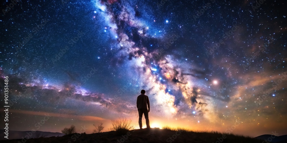 Man Standing Under night sky and stars shine in backgrounds. Man Standing Under night sky and stars shine in backgrounds.