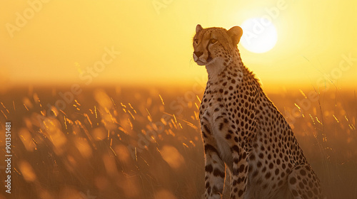 cheetah full body isolated on savanna background with soft glow of the sun