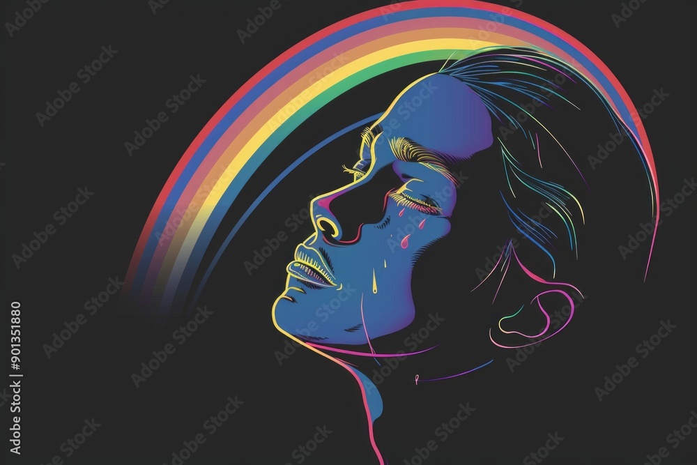 Fototapeta premium woman is looking to the sky and cries rainbows, black background 