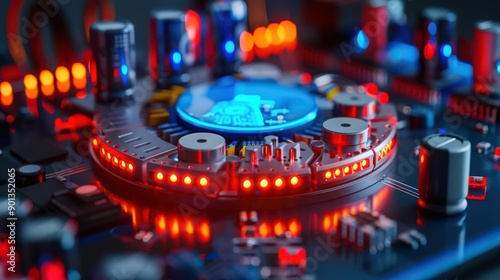 Close-up view of a colorful circuit board with glowing LEDs and intricate components, showcasing modern technology.