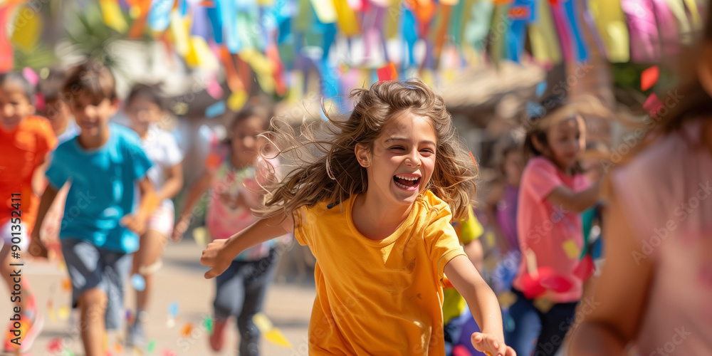 A child in a yellow shirt runs towards the camera at an outdoor party with colorful decorations, capturing the excitement and joy of a festive celebration A child in a yellow shirt runs towards the camera at an outdoor party with colorful decorations, capturing the excitement and joy of a festive celebration