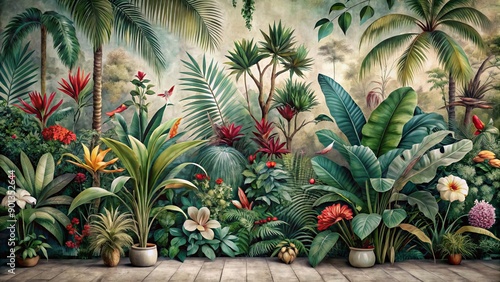 Vibrant jungle mural wallpaper featuring lush tropical foliage, delicate vines, and exotic flowers in a nostalgic, distressed vintage style, perfect for retro-inspired interior design. © Sirinporn