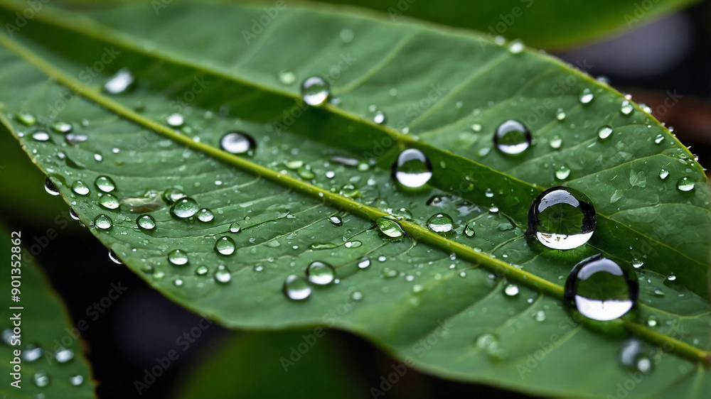 Close-up of a green leaf covered with water droplets, showcasing nature's beauty after a fresh rain. Close-up of a green leaf covered with water droplets, showcasing nature's beauty after a fresh rain.