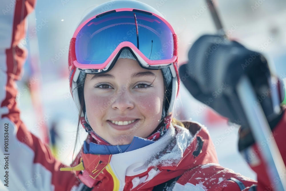 A happy and enthusiastic female skier with pink goggles and red attire celebrates her achievement in the snow, capturing the essence of joy and excitement in winter sports. A happy and enthusiastic female skier with pink goggles and red attire celebrates her achievement in the snow, capturing the essence of joy and excitement in winter sports.