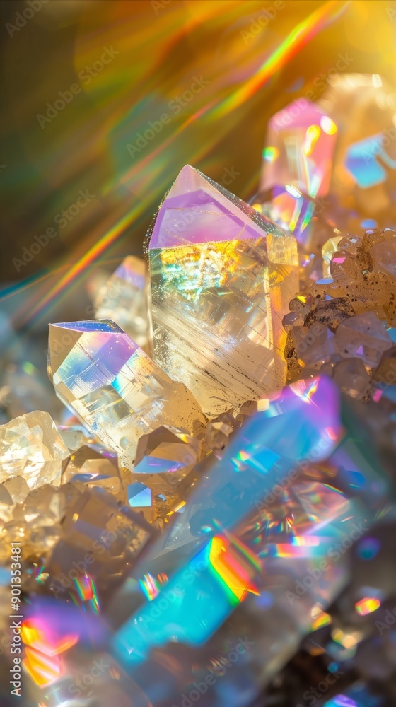 Rainbow colored mountain crystal in close-up, structure of individual crystal tips interact with sun rays. Abstract crystal background with copy space. Design for phone wallpaper or invitation. Rainbow colored mountain crystal in close-up, structure of individual crystal tips interact with sun rays. Abstract crystal background with copy space. Design for phone wallpaper or invitation.