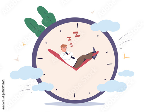 Slow productivity. Bored businessman sleepy employee rest clock time, lazy man job countdown loss efficiency management discipline deadline motivation concept vector illustration