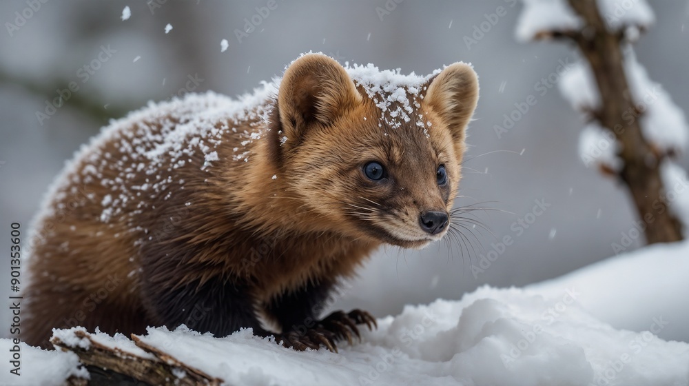 Obraz premium Playful Marten in Snow, Cute Animal, Winter Wildlife, Nature Photography, Forest Scene, Adorable Marten, Snow-Covered, Woodland Creature, Wildlife Close-Up, Winter Beauty