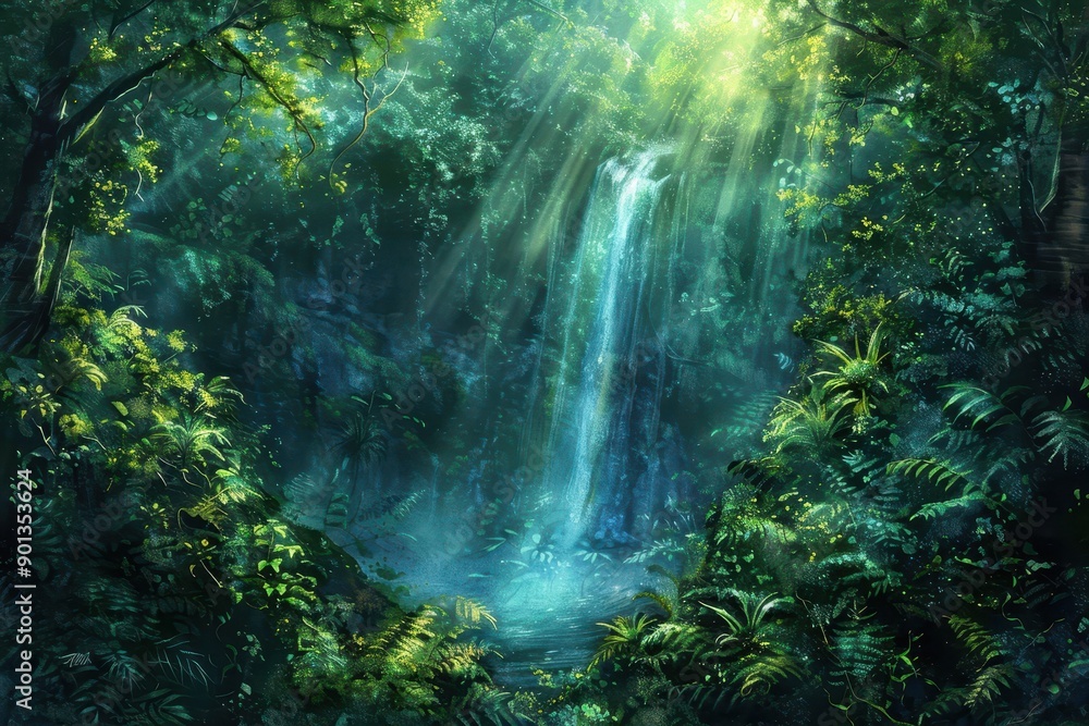 Cascading waterfall in a lush green jungle with bright sunlight streaming through the dense foliage Cascading waterfall in a lush green jungle with bright sunlight streaming through the dense foliage