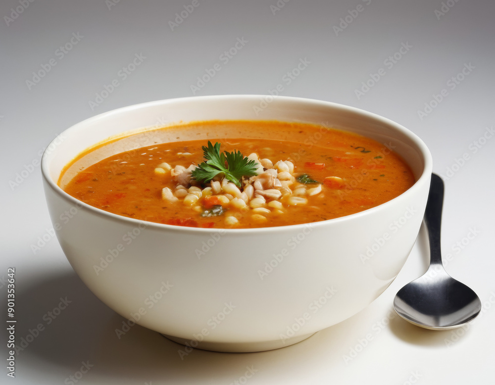 a straight ahead shot of soup in a ceramic bowl, white background a straight ahead shot of soup in a ceramic bowl, white background