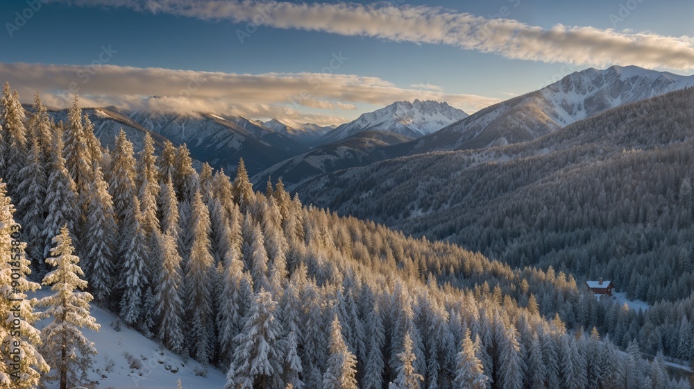 Snowy Mountain Landscape, Winter Sunrise, Pine Forest, Snow-Covered Trees, Majestic Peaks, Frosty Morning, Scenic Vista, Alpine Wilderness, Winter Wonderland, Mountain Photography