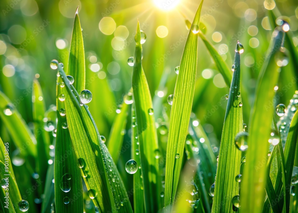 Fototapeta premium Vibrant green grass blades glisten with delicate water droplets, capturing a serene and calming atmosphere in this intimate, natural, and refreshing close-up outdoor scene.