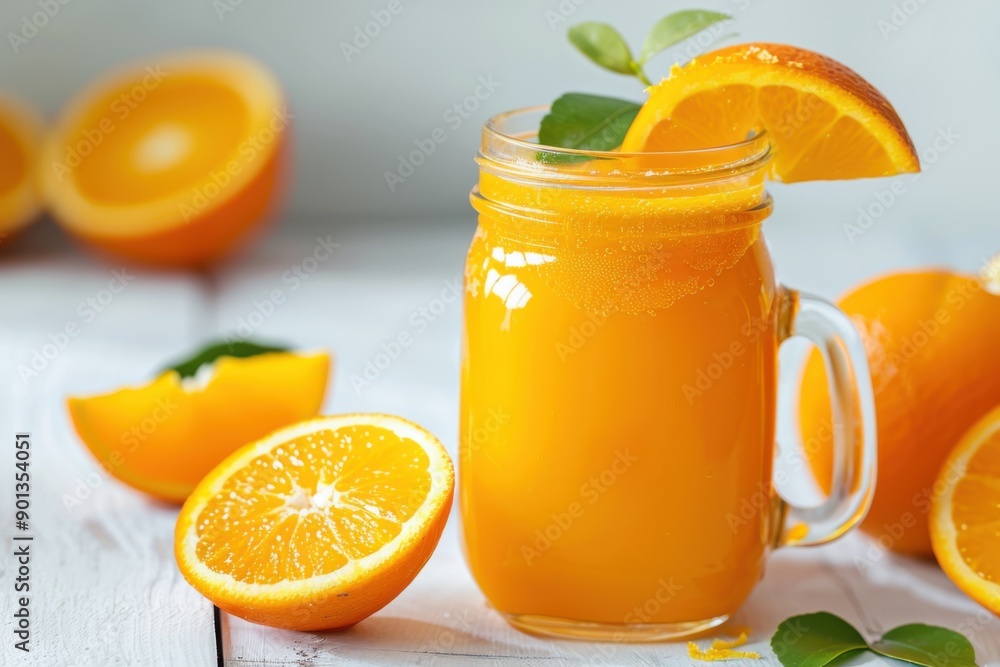 Fresh Orange Juice. Glass Jar Filled with Fresh Citrous Orange Juice and Slices of Orange Fruit