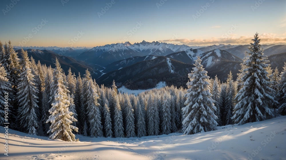 Winter Mountains, Snow-Covered Pines, Alpine Landscape, Clear Blue Sky, Sunlit Peaks, Winter Wonderland, Serene Nature, Winter Adventure