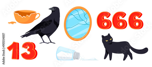Superstition concept. Bad luck symbols omens misfortune signs, fortune beliefs unlucky superstitions shattered mirror broken cup black cat raven friday 13 666 vector illustration