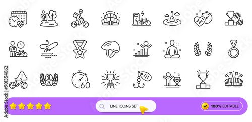 Fishing float, Laurel wreath and Bicycle helmet line icons for web app. Pack of Fishing lure, Delivery bike, Cardio training pictogram icons. Cardio calendar, Arena stadium. Search bar. Vector