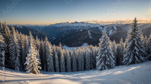 Obraz na płótnie Winter Mountains, Snow-Covered Pines, Alpine Landscape, Clear Blue Sky, Sunlit Peaks, Winter Wonderland, Serene Nature, Winter Adventure w salonie