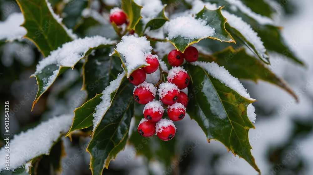 Snowy Holly Berries, Winter Foliage, Red Berries, Holiday Season, Christmas Decoration, Nature Photography, Snow-Covered Leaves, Botanical Image