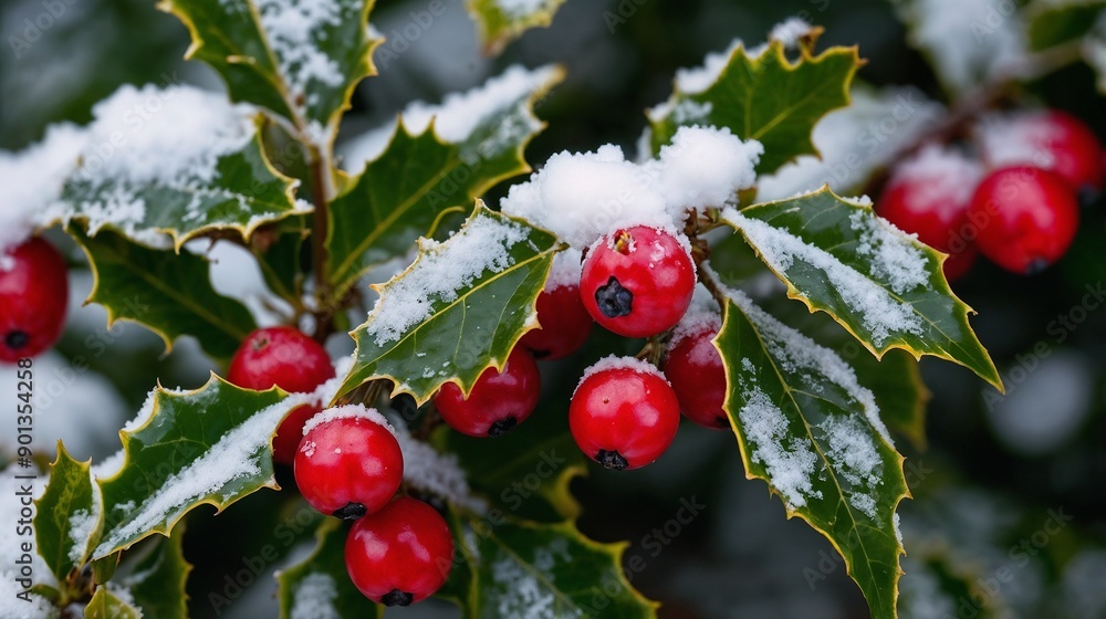 Snowy Holly Berries, Winter Foliage, Red Berries, Holiday Season, Christmas Decoration, Nature Photography, Snow-Covered Leaves, Botanical Image