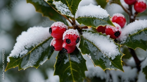 Snowy Holly Berries, Winter Foliage, Red Berries, Holiday Season, Christmas Decoration, Nature Photography, Snow-Covered Leaves, Botanical Image