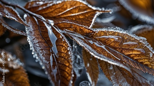 Obraz na płótnie Frozen Autumn Leaves, Winter Morning, Icy Nature, Frost-Covered Foliage, Detailed Macro Photography, Cold Season, Natural Beauty, Ice Crystals, Close-Up w salonie