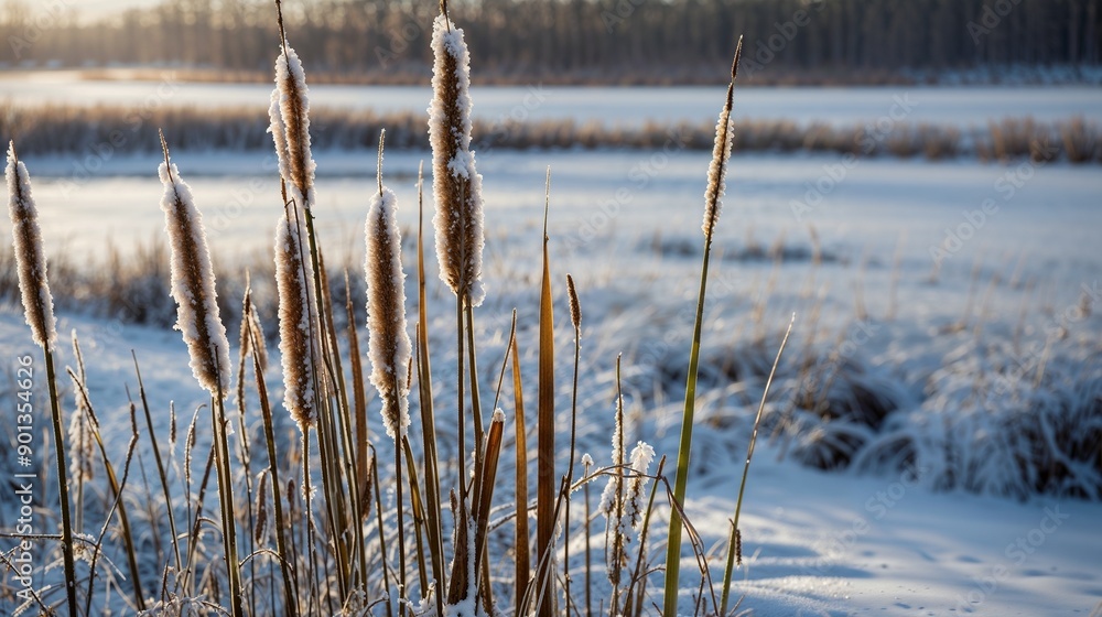 Frosty Cattails by Winter Lake, Snowy Reeds, Cold Morning, Nature Scene, Frozen Landscape, Icy Serenity, Winter Photography, Peaceful Pond, Winter's Beauty