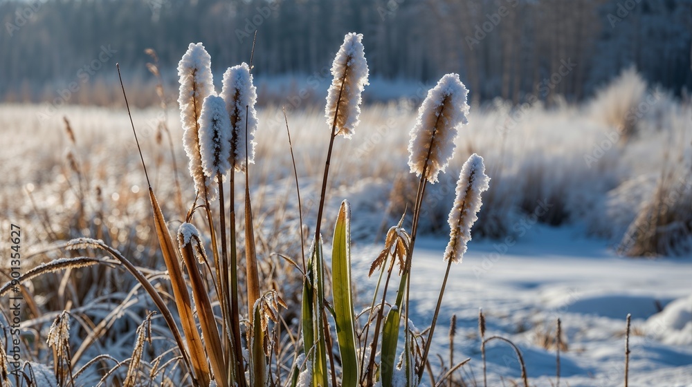Frosty Cattails by Winter Lake, Snowy Reeds, Cold Morning, Nature Scene, Frozen Landscape, Icy Serenity, Winter Photography, Peaceful Pond, Winter's Beauty