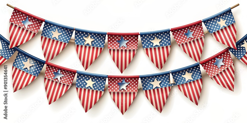 Fototapeta premium Vibrant patriotic bunting featuring repeating patterns of red, white, and blue stripes and stars, isolated on a pure white background with photorealistic details.