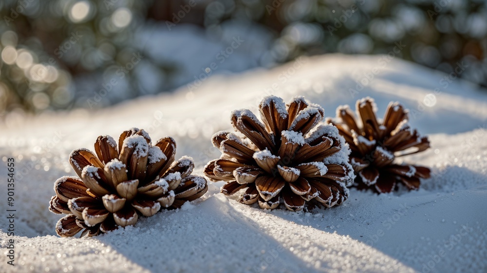 Frosty Pine Cones in Snow, Winter Nature, Icy Scenery, Frozen Forest, Cold Morning, Snowy Ground, Natural Beauty, Frosted Pines, Wintertime Photography