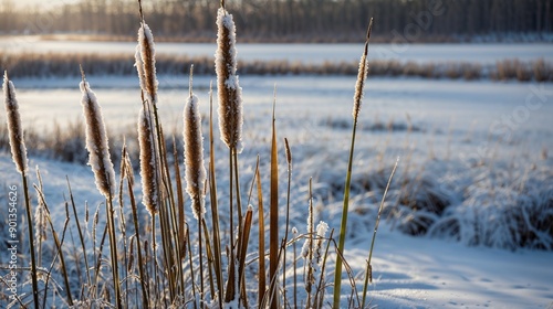 Frosty Cattails by Winter Lake, Snowy Reeds, Cold Morning, Nature Scene, Frozen Landscape, Icy Serenity, Winter Photography, Peaceful Pond, Winter's Beauty